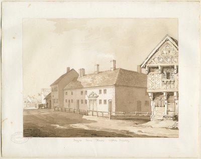 Abbots Bromley Almshouses: sepia vask tegning af Thomas Peploe Wood