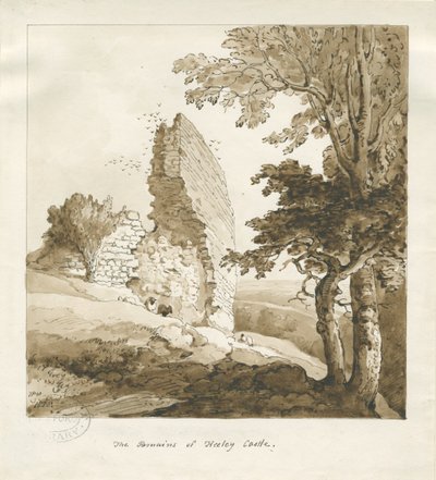 Audley - Heeley Castle: sepia tegning af Thomas Peploe Wood