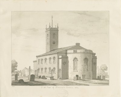 Bloxwich Church: sepia tegning, 1837 af Thomas Peploe Wood