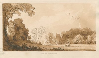 Chartley Castle: rød-sepia-tegning af Thomas Peploe Wood