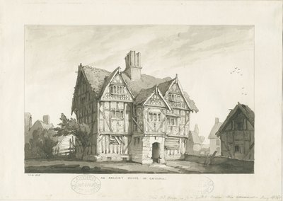 Gnosall Village - Ancient House: vaske tegning af Thomas Peploe Wood