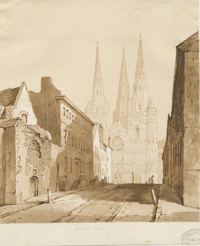 Lichfield Cathedral: rød-sepia-tegning af Thomas Peploe Wood