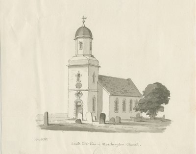 Marchington Church: sepia wash drawing, 1836dani af Thomas Peploe Wood
