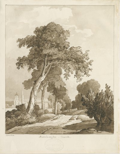 Marchington Church: sepia wash drawing, 1836dani af Thomas Peploe Wood