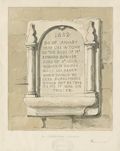 Seighford Church - Stentavle til Edward Bowyer: sepia tegning, nd [?1838] (tegning) af Thomas Peploe Wood