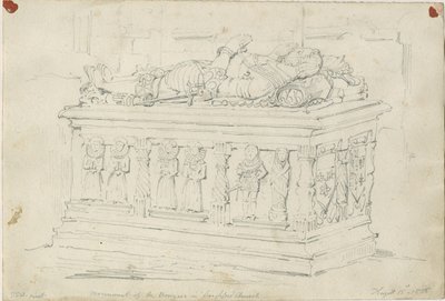 Seighford Church - Tomb of William and Mercy Bowyer: blyantstegning af Thomas Peploe Wood