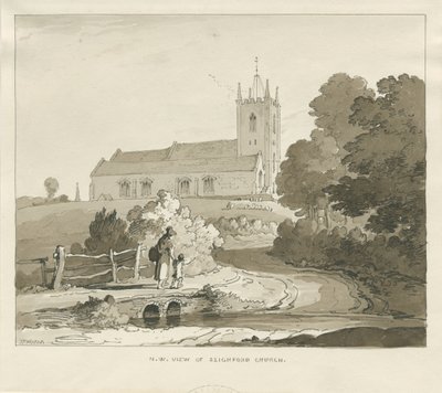 Seighford Church: sepia vask tegning af Thomas Peploe Wood
