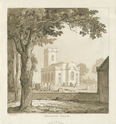 Smethwick Church: sepia tegning, 1836 af Thomas Peploe Wood