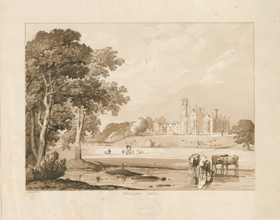 "Thickbroom Hall" [Manley Hall]: sepia vask tegning, 1837 af Thomas Peploe Wood