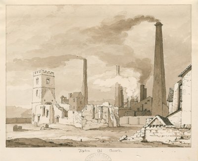 Tipton Old Church: sepia vask tegning, 1837 af Thomas Peploe Wood