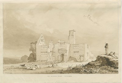 Tittensor - Old Manor House: sepia vask tegning, 1837 af Thomas Peploe Wood