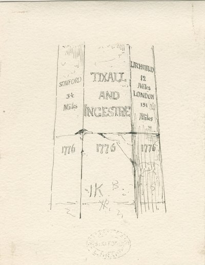 Tixall - Stensøjle, der viser kilometertal: pen- og blæktegning, nd [midten af 1800-tallet] (tegning) af Thomas Peploe Wood