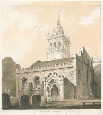 Trentham Church: sepia og gul vask tegning, nd [?1838] af Thomas Peploe Wood