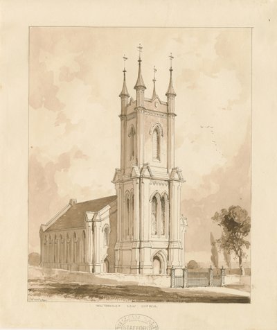 West Bromwich Church [Ny]: sepia vask tegning af Thomas Peploe Wood