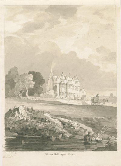 Weston-on-Trent - Hall: sepia tegning af Thomas Peploe Wood