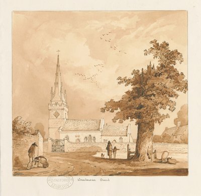 Wombourne Church: sepia tegning af Thomas Peploe Wood