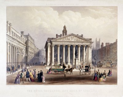 Royal Exchange og Bank of England til venstre, London, 1851 af Thomas Picken