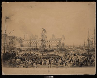 Søsætningen af Trafalgar i overværelse af Hendes Nådigste Majestæt Dronning Victoria og Hans Kongelige Højhed Prins Albert, på H.M. Dock Yard, Woolwich... af Thomas Picken