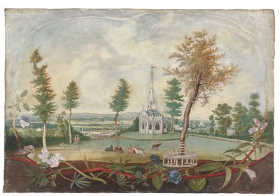 Et gotisk kapel i en stor park, i en kartouche dekoreret med afskårne blomster af Thomas Robins