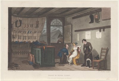 Boot & Shoe Shop, fra Poetical Sketches of Scarborough, 1813., 1813. Skabere: Thomas Rowlandson, Joseph Constantine Stadler, J. Bluck. af Thomas Rowlandson, Joseph Constantine Stadler, J. Bluck