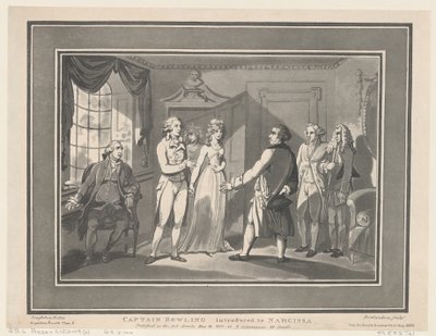 Kaptajn Bowling introduceret til Narcissa, 12. maj 1800., 12. maj 1800. Skabere: Thomas Rowlandson, Joseph Constantine Stadler. af ThomasThomas Rowlandson, Joseph Constantine Stadler Thomas Rowlandson, Joseph Constantine Stadler