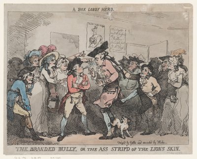 »En bokselobbyhelt«, »Den stemplede bølle« eller »Røven, der blev frataget løvens skind«. af Thomas Rowlandson