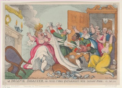 En dyb katastrofe, eller Miss Fubby Fatarmins paryk brød i brand, 20. september ..., 20. september 1813. af Thomas Rowlandson