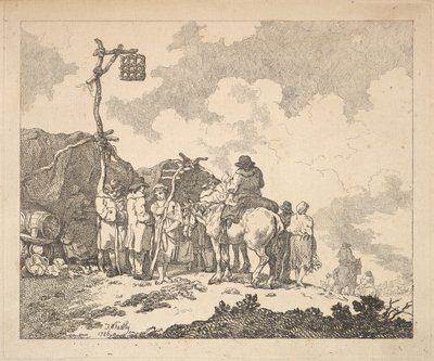 A Fair - En gruppe sigøjnere - mænd og kvinder i rustikke tøj foran to provisoriske te..., 1786. af Thomas Rowlandson