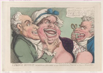 En fransk tandlæge, der viser et eksemplar af sine kunstige tænder og falske ganer..., 26. februar 1811. af Thomas Rowlandson