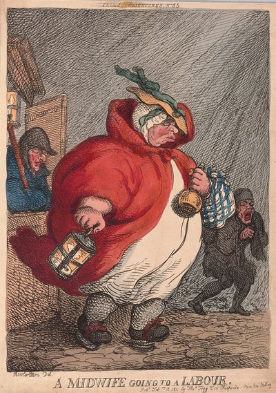 En jordemoder, der går til en Labour, pub. 1811 (håndfarvet gravering) af Thomas Rowlandson