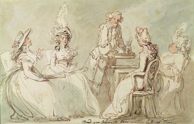 A Tea Party (pen & blæk, blyant & w/c på papir lagt på mount) (recto of 238964) af Thomas Rowlandson