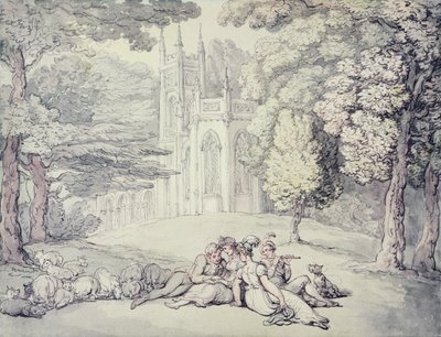 En college green med en gruppe piger og unge herrer i forgrunden, ca. 1810-15 (pen & blæk og akvarel over blyant på papir) af Thomas Rowlandson