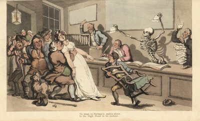 En kvinde udløber i chok ved synet af et blankt stykke papir svinget af Dødens skelet på et lotterikontor. Håndfarvet kobberplade tegnet og graveret af Thomas Rowlandson fra The English Dance of Death, Ackermann, London af Thomas Rowlandson