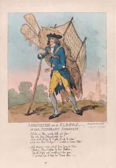 Aerostation ude ved Elbows eller the Itinerant Aeronaut, pub. 1785 (håndfarvet gravering) af Thomas Rowlandson