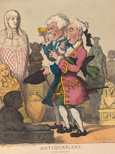 Antikvarier a la Grecque, pub. 1805 (håndfarvet gravering) af Thomas Rowlandson