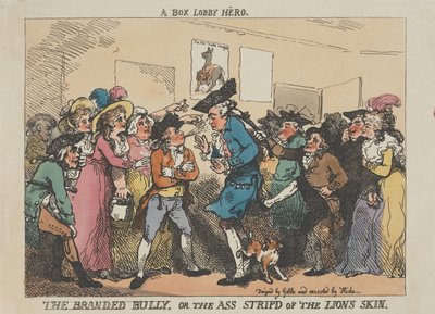 »Box-Lobby-helten«, »Den stemplede bølle« eller »Den, der blev frataget løvens skind« af Thomas Rowlandson