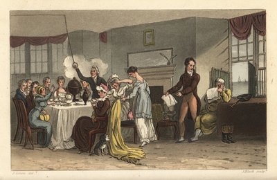 Morgenmadslokale på Old Bell Inn, Scarborough. Gæster, der drikker kaffe, læser aviser, spiser morgenmad i et Regency-værelse. Håndfarvet kobberstik af Thomas Rowlandson, akvatint af J. Bluck, efter en skitse af J. Green fra Poetical Sketche af Thomas Rowlandson