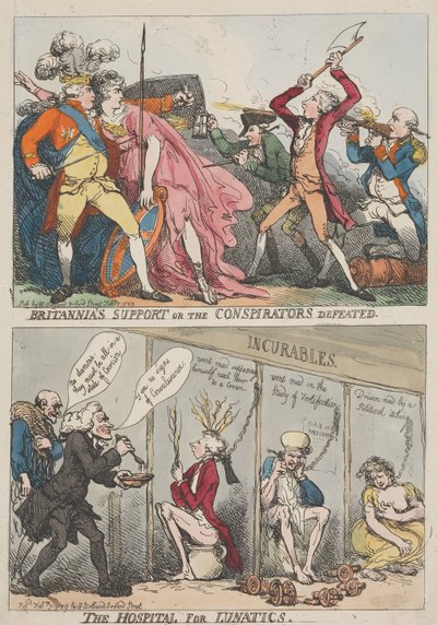 Britannias støtte eller sammensværgernes nederlag – Anstalten for sindssyge af Thomas Rowlandson