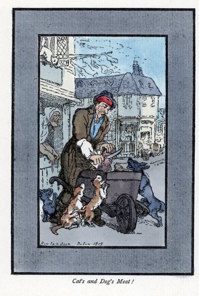 Slagter-omrejsende, der skærer et stykke kød, sagde, at hunde og katte angriber hjulet på hans trillebør. Træstik, baseret på et maleri af Thomas Rowlandson (1756-1827), udgivet i The Cris of London: med seks charmerende børn og næsten 40 illustra af Thomas Rowlandson