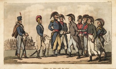 Kaptajn Johnny Newcome på vagt som Aide de Camp for hertugen af Wellington under Peninsula Campaign. Håndfarvet kobberstik tegnet og ætset af Thomas Rowlandson fra oberst David Roberts