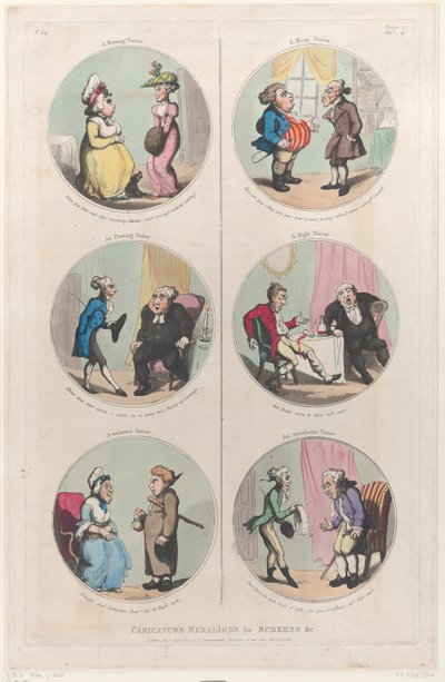 Karikaturmedaljoner til skærme &c: A Morning Visitor, An Evening Visitor, A We..., 1. april 1800. af Thomas Rowlandson