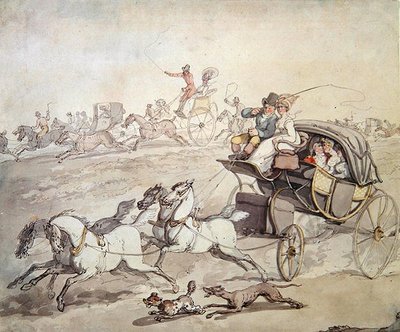 Vogne og ryttere i fuld fart over åbent græsareal, ca. 1800 (pen og blæk med vask på papir) af Thomas Rowlandson