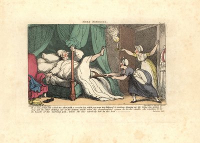 Kammerpige trækker i en sovende gæsts træben. af Thomas Rowlandson