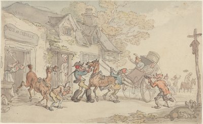 Skifte heste i et posthus i Frankrig af Thomas Rowlandson