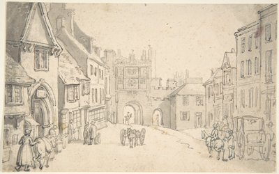Byudsigt med middelalderport (muligvis York) af Thomas Rowlandson