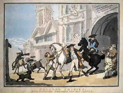 "College Jockies, The Landlord Sweating for his Cattle", udgivet af E. Jackson af Thomas Rowlandson