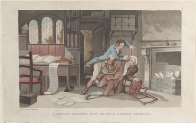 Konflikt mellem Quae Genus og Advokat Gripe-all, fra The History of Johnny Q..., 1. oktober 1821. af Thomas Rowlandson