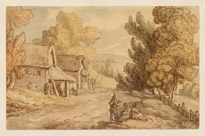 Hytte og lade med hvilende figurer ved en landevej af Thomas Rowlandson