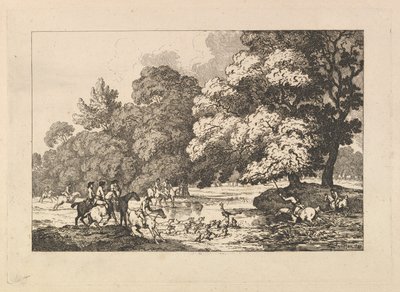 Hjortejagt – Et landskabsbillede med en hjort og jagthunde ved en flod af Thomas Rowlandson
