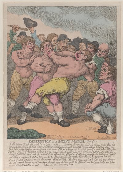 Beskrivelse af en boksekamp mellem Ward og Quirk for 100 Guineas en side, Marc..., 1. marts 1812. af Thomas Rowlandson